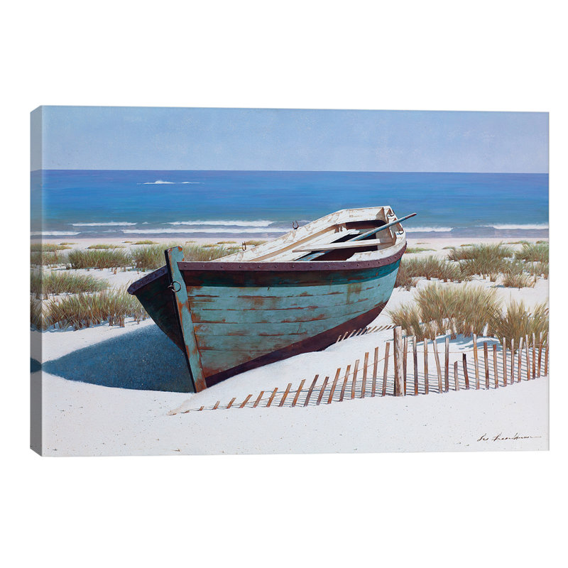 Beachcrest Home 'Blue Boat on Beach' Painting on Wrapped Canvas Wayfair.co.uk